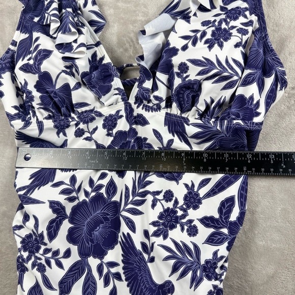 Cupshe Blue White Floral One Piece Swimsuit Small Ruffle V Neck Lace Up Back - Picture 8 of 9